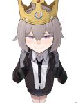  1girl absurdres ahoge black_gloves black_necktie burger_king collared_shirt gamryous girls&#039;_frontline gloves grey_hair hair_between_eyes highres jacket looking_at_viewer m200_(girls&#039;_frontline) necktie paper_crown purple_eyes shirt smile solo white_background white_shirt 