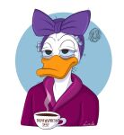 1950s accessory anatid anseriform anthro avian bathrobe beverage bird bow_ribbon clothing coffee curlers daisy_duck disney donald_duck_shorts duck exhausted female hair_accessory hair_bow hair_ribbon how_to_have_an_accident_at_work lunula_(artist) mother_(lore) parent_(lore) portrait ribbons robe solo tired_expression tired_eyes tired_look tired_of_this_shit towel towel_on_head