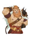  1boy abs afk_arena afk_journey animal_ears arm_behind_back arm_behind_head arm_up armpits bara blush brown_eyes brutus_(afk_arena) english_commentary fangs furry furry_male highres lion_boy lion_ears lion_mane lion_tail looking_at_viewer male_focus muscular muscular_male nipples open_mouth pectorals tail tian_qi_qing 