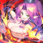  1girl :d angela_(seiken_densetsu_3) blush breasts bucchake_(asami) casting_spell cleavage collarbone commentary_request curtained_hair fire fireball gloves green_eyes hat holding holding_staff large_breasts leotard long_hair looking_at_viewer open_mouth pointy_ears purple_gloves purple_hair red_leotard seiken_densetsu seiken_densetsu_3 smile solo staff strapless strapless_leotard upper_body v-shaped_eyebrows 