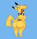 anthro big_butt breasts butt collar collar_only female generation_1_pokemon hi_res looking_back nintendo nude pikachu pokemon pokemon_(species) rear_view simple_background solo spiked_collar spikes thick_thighs widdlesister wide_hips