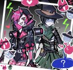  ! 2girls ? apex_legends black_gloves black_hair black_jacket black_lips blue_eyes chinese_commentary cyber_punked_wattson emerald_enchantress_wraith eyepatch fingerless_gloves frown gloves green_scarf green_skirt hat heart highres hood hood_down hooded_jacket horns jacket mechanical_arms mechanical_legs multiple_girls official_alternate_costume parted_lips pink_eyes san_chuo_chuan scarf shaded_face short_hair sketch skirt smile speech_bubble spoken_heart spoken_question_mark wattson_(apex_legends) witch_hat wraith_(apex_legends) 