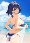  1girl absurdres ass bare_arms bare_shoulders beach bikini blue_bikini blue_eyes blue_hair blue_sky blurry blurry_background breasts butt_crack cloud cloudy_sky commentary contrail day english_commentary food food_in_mouth foureyed_crow from_behind hair_intakes halterneck highres hololive hololive_english horizon large_breasts light_blush looking_at_viewer looking_back o-ring o-ring_bikini o-ring_bottom ocean ouro_kronii outdoors popsicle popsicle_in_mouth sarong see-through_sarong shore short_hair sky solo standing swimsuit underboob virtual_youtuber water 