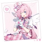  1girl ;d absurdres artist_name blue_eyes border bug butterfly collared_shirt elysia_(honkai_impact) flower gloves hat heart heart_hands highres honkai_(series) honkai_impact_3rd long_hair mini_hat necktie one_eye_closed open_mouth pink_flower pink_hair pink_pupils pink_rose pink_skirt pink_theme pink_vest pointy_ears polka_dot polka_dot_background puffy_short_sleeves puffy_sleeves purple_necktie rose saya_atang shirt short_sleeves skirt smile solo spoken_heart top_hat vest white_gloves white_shirt wings 