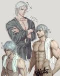  1boy abs after_bathing bara bare_pectorals blue_eyes chest_hair covering_privates dante_(devil_may_cry) devil_may_cry_(series) devil_may_cry_5 facial_hair highres large_pectorals looking_at_viewer male_focus mature_male muscular muscular_male nude_cover pectorals simple_background smile solo stomach topless_male towel towel_around_neck towel_on_head vaness_fu wet wet_hair white_hair 
