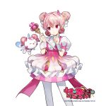  1girl copyright_name double_bun dress holding holding_wand horns index_finger_raised looking_at_viewer official_art pantyhose pink_dress pink_eyes pink_hair puffy_short_sleeves puffy_sleeves short_sleeves solo sukja uchi_no_hime-sama_ga_ichiban_kawaii wand waterark white_background white_legwear wrist_cuffs 