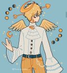  1boy angel angel_wings arrow_(projectile) arrow_in_head ascot belt belt_chain blonde_hair blue_background blue_belt blue_eyes constellation crescent crescent_earrings crescent_halo crescent_moon crescent_pin earrings emily_kim frilled_ascot frilled_sleeves frills halo heart heart_arrow highres jewelry looking_to_the_side male_focus moon moon_phases object_through_head original pants pinstripe_pants pinstripe_pattern shirt simple_wings solo sparkle twitter_username white_ascot white_shirt wide_sleeves wings yellow_halo yellow_pants yellow_wings 