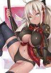  arm_guards black_bow black_legwear black_panties bow breasts cleavage_cutout commentary_request dark_skin fate/grand_order fate_(series) holding holding_sword holding_weapon katana long_hair navel okita_souji_(alter)_(fate) okita_souji_(fate)_(all) panties sitting sword tassel thigh_strap thighhighs torimaru underwear weapon white_eyes white_hair 