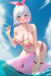  armpits beach bikini blue_sky breasts copyright_request hair_ribbon highres huge_breasts kana_yukino micro_bikini purple_eyes ribbon sky spread_legs swimsuit white_hair 