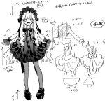  1girl :d blunt_bangs bow bowtie commentary dei_matsuri dress fishnet_pantyhose fishnets flower_in_eye frilled_dress frilled_wrist_cuffs frills gothic_lolita headdress highres kimi_no_koto_ga_dai_dai_dai_dai_daisuki_na_100-nin_no_kanojo loafers lolita_fashion long_hair looking_at_viewer monochrome nozawa_yukiko open_mouth outstretched_arms pantyhose reference_sheet shoes short_dress simple_background smile solo symbol_in_eye translation_request v-shaped_eyebrows very_long_hair white_background wrist_cuffs 