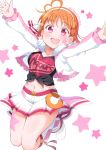  :d ahoge arms_up braid clothes_writing collarbone cropped_jacket earrings facial_mark fur_trim hair_ornament hairband heart heart_ahoge jewelry jumping kitahara_tomoe_(kitahara_koubou) love_live! love_live!_sunshine!! midriff miracle_wave navel open_mouth orange_hair pleated_skirt red_eyes shirt short_hair side_braid skirt smile solo star star_earrings star_hair_ornament starry_background takami_chika tied_shirt twitter_username 