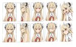  1girl artist_request bare_shoulders blonde_hair blush breasts clothing_cutout concept_art dragon_girl dragon_horns english_commentary expressions godgear_ragdrahod highres horns leotard long_hair looking_at_viewer looking_to_the_side mechanical_horns multiple_views open_mouth profile red_eyes second-party_source serious sketch small_breasts smile stomach_cutout surprised very_long_hair 