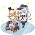  anchor_symbol black_legwear black_skirt blonde_hair braid chair chibi commentary_request corset crown dress flat_cap flower french_braid hair_between_eyes hairband hat hibiki_(kantai_collection) highres ice_skates jewelry kantai_collection lone_wolf_and_cub long_hair long_sleeves mini_crown multiple_girls neckerchief necklace off-shoulder_dress off_shoulder parody pleated_skirt red_flower red_ribbon red_rose ribbon rose school_uniform serafuku silver_hair skates skirt thighhighs tilted_headwear tk8d32 warspite_(kantai_collection) white_dress 