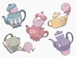  @_@ ^_^ arms_up closed_eyes closed_mouth commentary_request crack highres holding in_teapot looking_at_viewer no_humans pokemon pokemon_(creature) polteageist simple_background smile sumi_fms teapot u_u upside-down white_background 