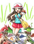  1girl 3boys ahoge alternate_color angel angel_wings brown_hair charizard colored_skin fangs fire hand_on_own_hip hat highres holding holding_poke_ball ivysaur kicdon kid_icarus kid_icarus_uprising laurel_crown leaf_(pokemon) looking_at_viewer multiple_boys multiple_persona one_eye_closed pit_(kid_icarus) poke_ball poke_ball_(basic) pokemon pokemon_(creature) pokemon_frlg red_skin squirtle super_smash_bros. vine_whip vs_seeker white_hat wings 