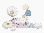  :3 :d black_eyes bright_pupils closed_eyes closed_mouth eldegoss flaaffy fluffy flying highres jumpluff looking_at_viewer lying no_humans open_mouth pink_eyes pokemon pokemon_(creature) red_eyes simple_background sleeping smile sumi_fms swablu swirlix tongue tongue_out whimsicott white_background white_pupils 