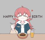  1girl ^_^ ahoge blush closed_eyes drink drinking_straw facing_viewer hamburger_steak happy_birthday heart holding holding_spoon hood hoodie idolmaster idolmaster_shiny_colors komiya_kaho red_hair roozuka smile solo spoon white_hoodie 