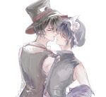  2others androgynous bare_shoulders black_hair black_hat black_shirt black_vest chinese_commentary closed_eyes clothing_cutout collared_shirt commentary_request cowboy_shot detached_sleeves enraku_tsubakura eye_of_senri frilled_hat frills hair_between_eyes hat high_collar highres imminent_kiss jacket jacket_partially_removed len&#039;en long_sleeves mob_cap multiple_others navel neck_ribbon other_focus parted_lips purple_hat purple_jacket red_ribbon ribbon shirt shitodo_kuroji shorts simple_background sleeveless sleeveless_shirt stomach_cutout top_hat triangular_headpiece two-sided_fabric two-sided_headwear vest white_background white_shirt white_shorts white_sleeves xuan9119 