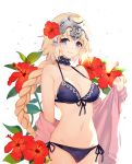  bangs bare_arms bare_shoulders bikini black_bikini black_choker blonde_hair blue_eyes braid breasts choker cleavage closed_mouth collarbone commentary cowboy_shot eyebrows_visible_through_hair fate/apocrypha fate_(series) flower frilled_choker frills front-tie_bikini front-tie_top groin hair_between_eyes hair_flower hair_ornament halter_top halterneck head_tilt headpiece hibiscus jeanne_d'arc_(fate) jeanne_d'arc_(fate)_(all) large_breasts long_hair long_sleeves looking_at_viewer navel off_shoulder pink_hoodie red_flower side-tie_bikini simple_background single_braid smile solo standing stomach sunlight swimsuit very_long_hair water_drop white_background zonana 