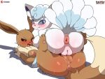 2024 4:3 alolan_form alolan_vulpix anthro anthrofied anus areola arm_tuft artist_name black_nose blue_body blue_eyes blue_fur blush bodily_fluids body_blush breasts brown_body brown_eyes brown_fur butt butt_blush butt_tuft digital_media_(artwork) dipstick_tail duo eevee female fur generation_1_pokemon generation_7_pokemon genital_fluids genitals head_tuft hi_res looking_at_viewer looking_back looking_back_at_viewer lying markings multi_tail multicolored_body multicolored_fur neck_tuft nintendo nipples nude on_back on_top open_mouth paws pink_anus pink_areola pink_nipples pink_tongue pokemon pokemon_(species) pokemorph presenting presenting_hindquarters puffy_anus pussy pussy_stacking raised_tail regional_form_(pokemon) sarox sex shoulder_tuft simple_background sweat tail tail_markings take_your_pick tan_body tan_fur tongue tribadism tuft vaginal vaginal_fluids watermark white_body white_fur