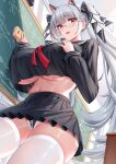  1girl :d absurdres animal_ears azur_lane black_hairband black_panties black_skirt blush breasts cat_ears chalkboard fake_animal_ears formidable_(azur_lane) from_below garden01 glasses grey_hair hair_ornament hair_ribbon hairband highres holding indoors large_breasts long_hair long_sleeves looking_at_viewer looking_down miniskirt open_mouth panties pleated_skirt red_eyes ribbon skirt smile thighhighs thighs twintails underwear white_thighhighs 