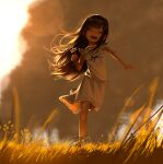  1girl absurdres aged_down bare_arms black_hair blurry blurry_background child closed_eyes collarbone commentary dress english_commentary facing_viewer final_fantasy final_fantasy_vii final_fantasy_vii_remake flower frilled_dress frills full_body grass happy highres holding holding_flower long_hair open_mouth orange_sky outdoors running safaia sandals sky smile socks solo standing standing_on_one_leg sunset tifa_lockhart white_dress white_socks 