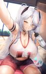  1girl antenna_hair azur_lane black_choker blush bottle breasts breath choker cleavage covered_nipples highres huge_breasts indoors inverted_nipples long_hair looking_at_viewer midriff mole mole_on_breast multicolored_hair navel number_print official_alternate_costume parted_lips prinz_eugen_(azur_lane) prinz_eugen_(brilliant_touchdown)_(azur_lane) reaching reaching_towards_viewer red_hair red_shorts see-through_silhouette shorts sitting smile solo streaked_hair two_side_up water_bottle yusha_m 