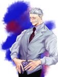  1boy black_pants cheekbones facial_hair grey_hair grey_vest hair_slicked_back heart heart_hands highres kagurabachi long_sleeves mature_male mustache necktie pants sazanami_kyora shirt solo souki1203 standing vest white_shirt 