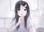  1girl bathroom black_eyes black_hair highres holding holding_toothbrush long_hair looking_at_viewer neru_o69 original shirt sleepy solo striped_towel toothbrush toothbrush_in_mouth towel towel_on_head white_shirt 