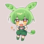  1girl :3 :d blush chibi full_body green_hair green_shorts grey_background hair_between_eyes long_hair looking_at_viewer open_mouth outline pea_pod puffy_short_sleeves puffy_sleeves shirt short_sleeves shorts simple_background smile solo sparkle suspender_shorts suspenders utsuro114514 voiceroid voicevox white_outline white_shirt zundamon 