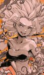  1girl :d bandeau bare_shoulders breasts caulifla cleavage collarbone dragon_ball dragon_ball_super highres kanchiyo limited_palette long_hair looking_at_viewer medium_breasts midriff navel no_pupils smile solo spiked_hair stomach strapless super_saiyan upper_body 