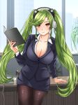  ahomushi994 book breasts chameleon earphones girls&#039;_frontline green_hair highres large_breasts magal_(girls&#039;_frontline) micro_galil office_lady office_room twintails yellow_eyes 
