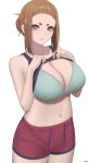  1girl aqua_bra artist_name black_tank_top bra braid breasts brown_hair cleavage clothes_lift collarbone cowboy_shot eyeliner hair_bun hands_on_own_chest highres kaii_to_otome_to_kamigakushi large_breasts lifted_by_self makeup medium_hair mole mole_under_eye navel ogawa_sumireko parted_lips red_eyeliner red_shorts ryumikooo shirt_lift shorts sidelocks simple_background smile solo stomach tank_top thick_eyebrows underwear variant_set white_background 