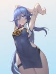  1girl absurdres armpits arms_up black_hair blue_background blue_dress blue_eyes breasts china_dress chinese_clothes cleavage cleavage_cutout clothing_cutout dress fu_hua fu_hua_(blue_swallow) fu_hua_(valkyrie_accipiter) highres honkai_(series) honkai_impact_3rd long_hair looking_at_viewer sleeveless sleeveless_dress small_breasts solo very_long_hair zhelizhiyouhongcha 