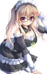  1girl 9-nine- absurdres arm_support bare_shoulders black_dress blue_eyes blush breasts closed_mouth commentary detached_collar detached_sleeves dress eyes_visible_through_hair feet_out_of_frame frilled_dress frilled_sleeves frills glasses green_ribbon grey_ribbon hair_between_eyes hand_up happy highres kneeling kujou_miyako large_breasts leaning_forward light_brown_hair long_hair long_sleeves looking_at_viewer maid maid_headdress neck_ribbon official_alternate_costume official_alternate_hairstyle puffy_long_sleeves puffy_sleeves raised_eyebrows red-framed_eyewear ribbon sidelocks simple_background sleeveless sleeveless_dress smile solo spaghetti_strap split_mouth tatika714 twintails v v_over_head very_long_hair waitress white_background 