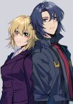  1boy 1girl ascot athrun_zala back-to-back blonde_hair blue_hair business_suit cagalli_yula_athha couple green_eyes gundam gundam_seed gundam_seed_destiny gundam_seed_freedom highres jacket necktie shirt short_hair shousuke smile suit yellow_eyes 