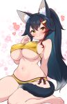  1girl animal_ear_fluff animal_ears arm_behind_back bikini black_hair blush breasts brown_eyes choker commentary_request covered_nipples crossed_bangs floral_background hair_ornament heart highres hololive kani_bonara large_breasts long_hair looking_at_viewer multicolored_hair navel ookami_mio ponytail red_choker red_hair sitting skindentation smile solo streaked_hair swimsuit tail very_long_hair virtual_youtuber wariza white_background wolf_ears wolf_girl wolf_tail yellow_bikini 