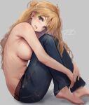  1girl :d barefoot blonde_hair braid breasts brown_eyes commentary_request denim grey_background haruto_(harut_n) hugging_own_legs jeans kantai_collection knees_up large_breasts long_hair looking_at_viewer pants sideboob sitting smile solo topless twitter_username wavy_hair zara_(kancolle) 