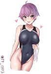  1girl alternate_costume blue_one-piece_swimsuit breasts cowboy_shot cropped_legs heart highleg highleg_swimsuit highres kantai_collection large_breasts one-hour_drawing_challenge one-piece_swimsuit open_mouth purple_hair sakawa_(kancolle) short_hair simple_background smile solo swimsuit tf_cafe towel twitter_username white_background yellow_eyes 