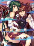  2girls braid bun_cover cake china_dress chinese_clothes cup dress elbow_gloves feeding food freckles fruit gloves green_hair gundam gundam_00 kink_(tortoiseshell) long_hair looking_back messy multiple_girls nena_trinity pastry red_hair revision strawberry tongue twin_braids wang_liu_mei yuri 