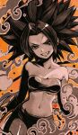  1girl bandeau bare_shoulders breasts caulifla cleavage collarbone dragon_ball dragon_ball_super grin hair_intakes head_tilt highres kanchiyo limited_palette long_hair looking_at_viewer navel orange_background pants small_breasts smile solo spiked_hair strapless 