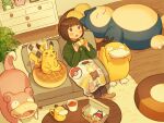 1girl blanket brown_eyes brown_hair closed_eyes coffee_mug coffee_table commentary_request couch cup doughnut drink food green_sweater highres holding indoors long_sleeves lying medium_hair mug on_back on_couch open_mouth pikachu plant pokemon pokemon_(creature) psyduck rug sitting sleeping slowpoke snorlax socks sumika_inagaki sweater table wooden_floor 