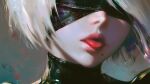  1girl 2b_(nier:automata) aika_arts black_blindfold blindfold close-up highres lips medium_hair mole mole_under_mouth nier:automata nier_(series) nose open_mouth red_lips white_hair 