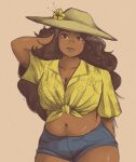  1girl belly black_hair blue_shorts breasts brown_eyes brown_lips cleavage commentary dark-skinned_female dark_skin denim denim_shorts english_commentary floral_print flower front-tie_top hand_in_own_hair hat hat_flower highres large_breasts midriff muffin_top navel original plump shirt short_shorts shorts smile solo souldroids sun_hat thick_thighs thighs underwear yellow_shirt 