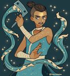  1boy arm_wrap avatar:_the_last_airbender avatar_legends blue_background blue_eyes blue_tunic boomerang brown_hair choker constellation_print crescent crescent_facial_mark dark-skinned_male dark_skin element_bending emily_kim facial_mark highres hydrokinesis male_focus simple_background sokka sparkle topknot twitter_username undercut water white_choker 