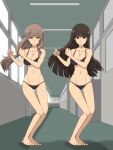  2girls barefoot bikini black_bikini black_eyes black_hair bling-bang-bang-born_(creepy_nuts) blunt_bangs breasts brown_eyes brown_hair cleavage closed_mouth commentary dancing frown girls_und_panzer groin half-closed_eyes hallway highres indoors itou_des large_breasts long_hair looking_at_viewer low-tied_long_hair mature_female multiple_girls navel nishizumi_shiho school shimada_chiyo side-by-side smile standing straight_hair swimsuit window 