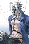  1boy abs absurdres animal_ear_fluff animal_ears arms_behind_back artist_name bell black_choker black_pants blue_hair blue_shirt bound bound_arms chest_harness chinese_commentary choker collarbone collared_shirt commentary_request covered_eyes dottore_(genshin_impact) earrings eye_mask genshin_impact gradient_background grey_background harness highres jewelry jingle_bell lofter_username long_sleeves male_focus mask medium_hair mojiuxuan mouth_hold navel o-ring o-ring_choker o-ring_harness open_clothes open_shirt pants parted_bangs pectorals pouring pouring_onto_self red_ribbon ribbon shirt sidelocks simple_background single_earring sitting snow_leopard_boy snow_leopard_ears snow_leopard_tail solo stomach tail test_tube watermark white_background 