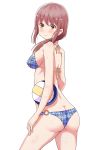  absurdres ass beach_volleyball bikini blue_swimsuit blush breasts brown_eyes brown_hair butt_crack cleavage covered_nipples eyebrows_visible_through_hair feet_out_of_frame from_behind hair_over_shoulder harukana_receive highres kiseeng long_hair looking_at_viewer low_ponytail medium_breasts o-ring o-ring_bikini o-ring_bottom oozora_haruka_(harukana_receive) shiny shiny_skin sideboob simple_background smile solo swimsuit volleyball wet white_background 