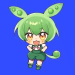 1girl :3 :d blue_background blush chibi full_body green_hair green_shorts hair_between_eyes long_hair looking_at_viewer open_mouth pea_pod puffy_short_sleeves puffy_sleeves shirt short_sleeves shorts simple_background smile solo suspender_shorts suspenders utsuro114514 voiceroid voicevox white_shirt zundamon 
