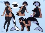  1girl 1other absurdres black_footwear black_hair black_one-piece_swimsuit blue_background boots breasts cetacean_tail character_name collared_one-piece_swimsuit commentary crim_(crim7x) dark-skinned_female dark_skin english_commentary fins fish_tail from_behind full_body hands_on_own_knees highres leaning_forward looking_at_viewer multiple_views one-piece_swimsuit orca original side_ponytail swimsuit tail thigh_boots whale_girl 